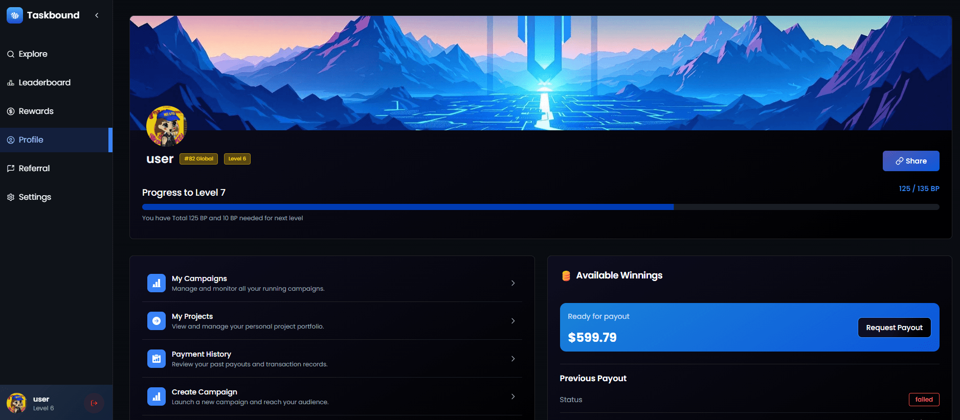 User profile and bounty creation